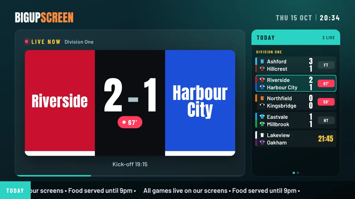 A live scores show: the big match as a scoreboard in the two teams’ colours, with today’s scores down the side