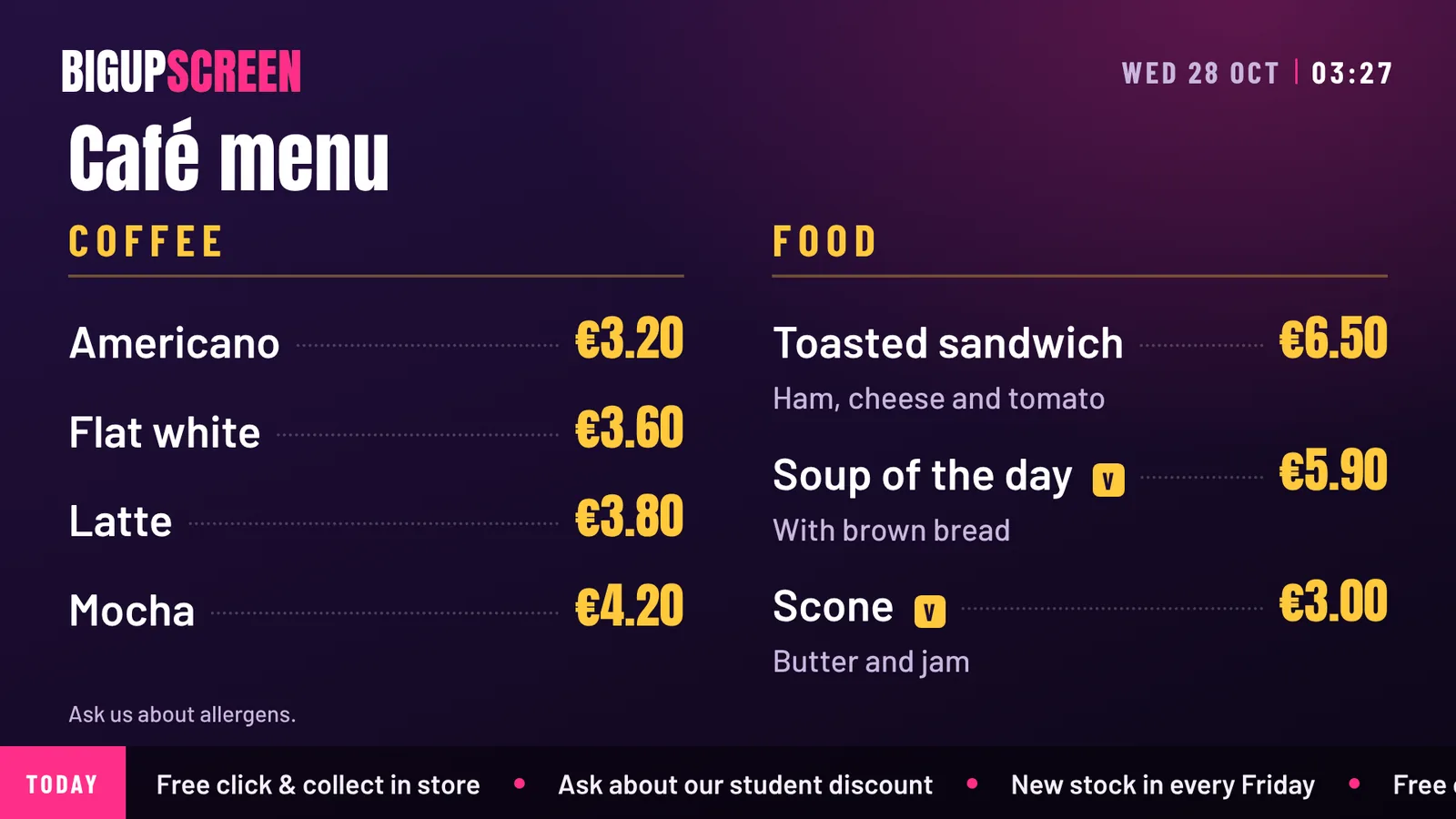 A café menu with prices