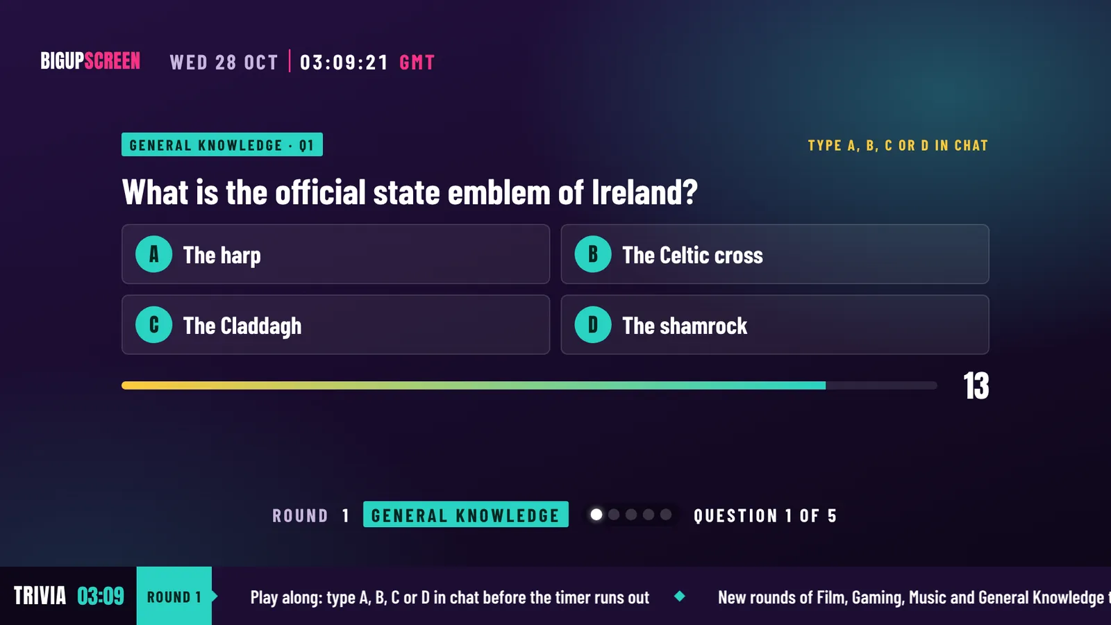 A quiz on the TV: four answers and a timer