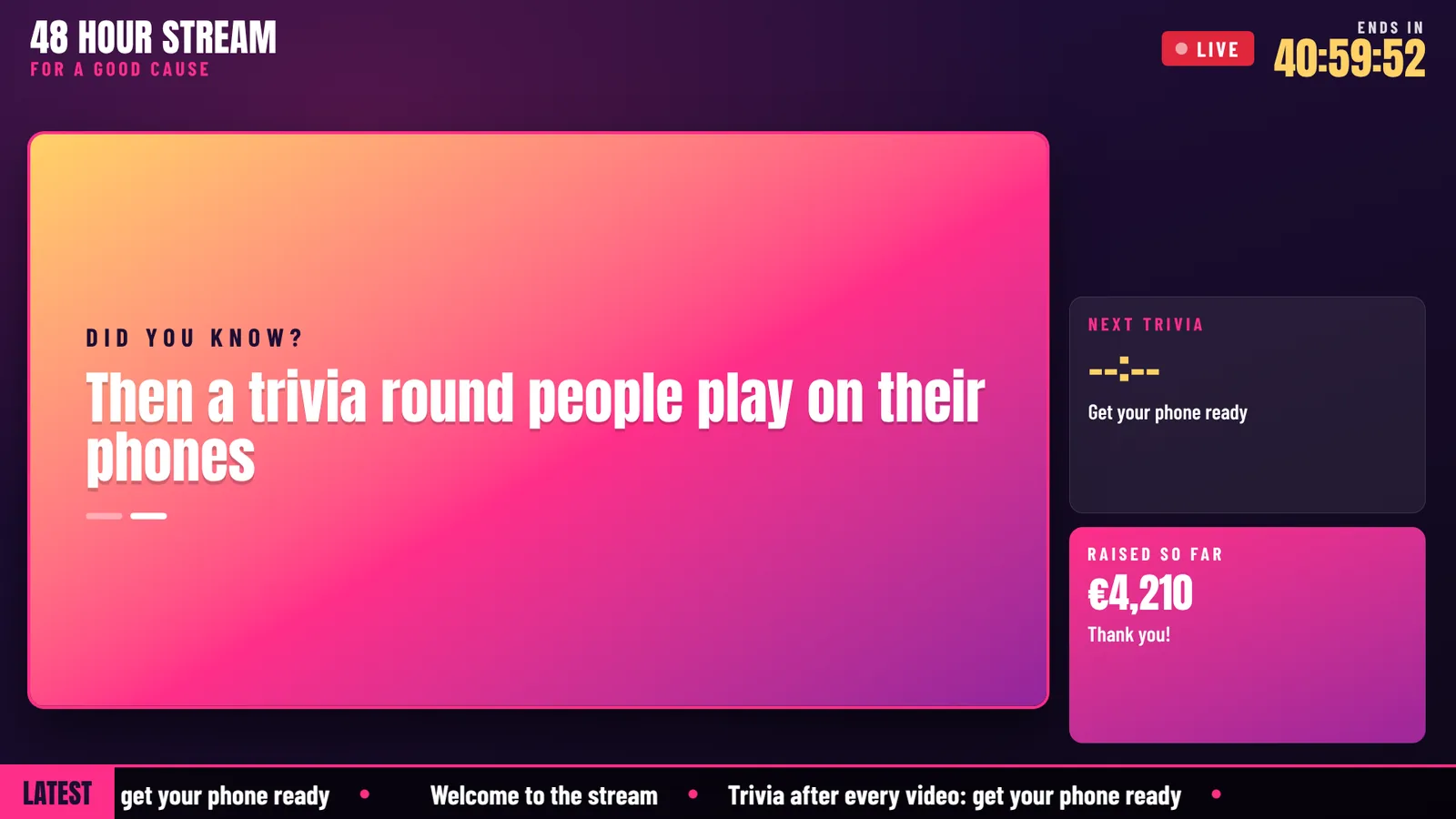 A stream show with a countdown and a fundraising total