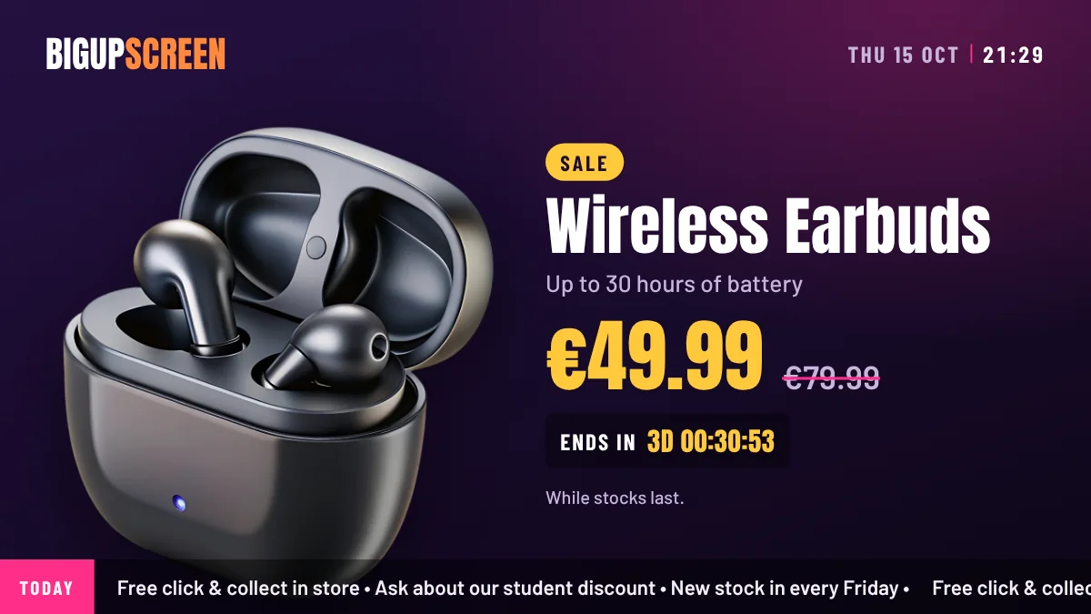 An offer show: wireless earbuds with the price and a countdown to the end of the sale