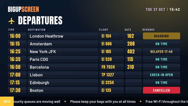 A departures board with times, gates and flight status