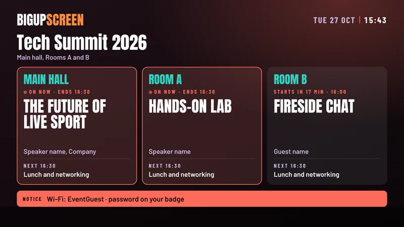 An event day with now and next in every room