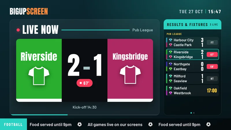 A live football score in the teams’ colours with results down the side