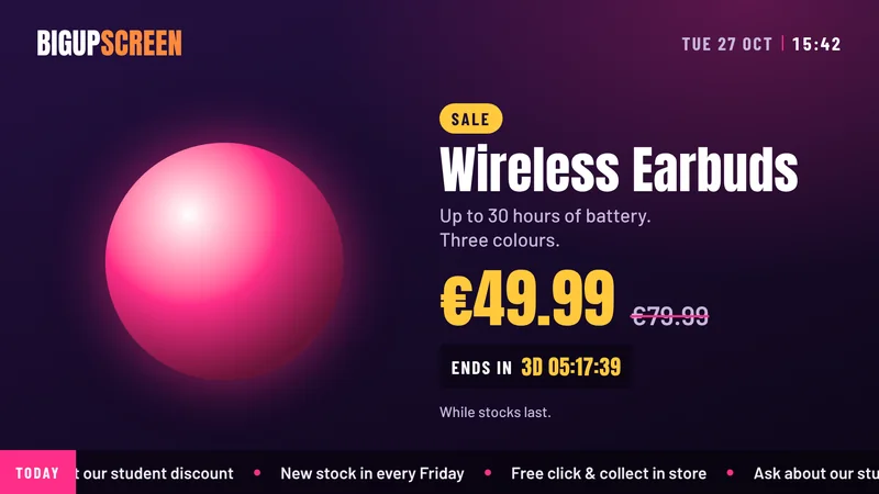 An offer show: wireless earbuds with the price and a countdown