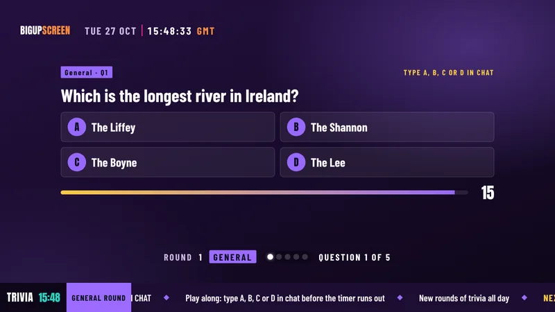 A quiz question on the TV with four answers and a timer