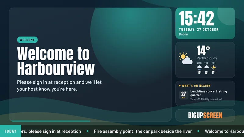 A reception welcome screen with the time, the weather and what’s on nearby