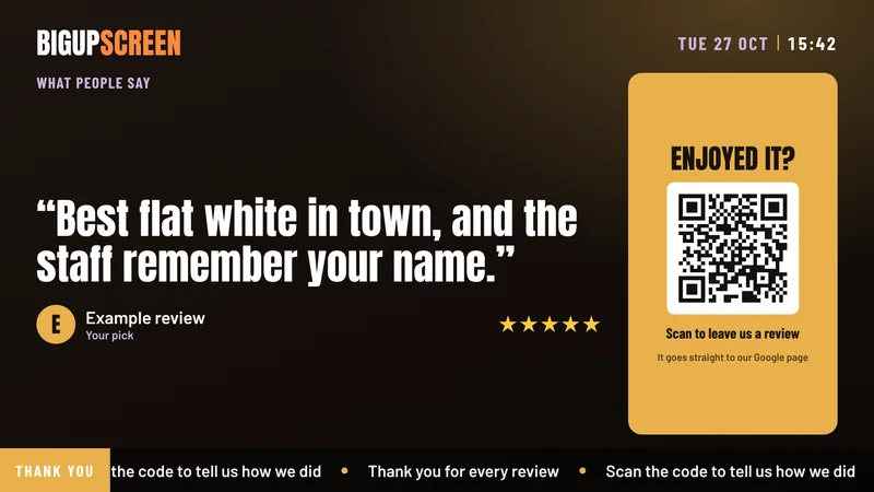 A Google review on the TV with a QR code to leave one
